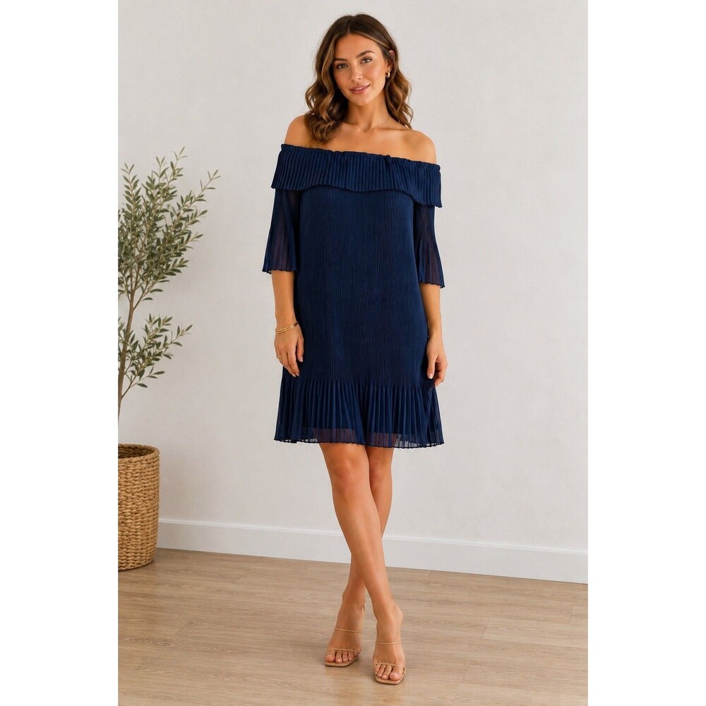 Ted Baker Navy Blue Accordion Pleat Off Shoulder Shift Dress Size 2